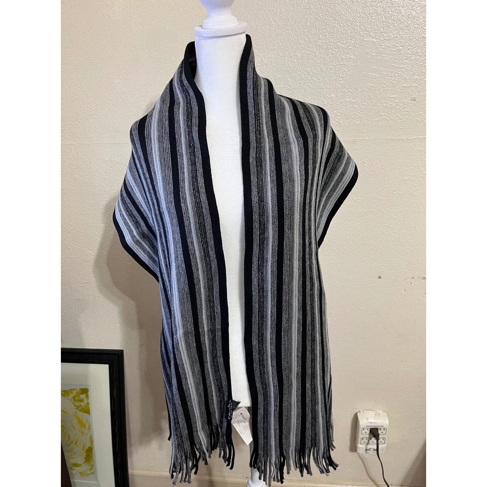 Fraas 100% Wool Striped Scarf Black Grey White Fringed Knit Accessory NWT